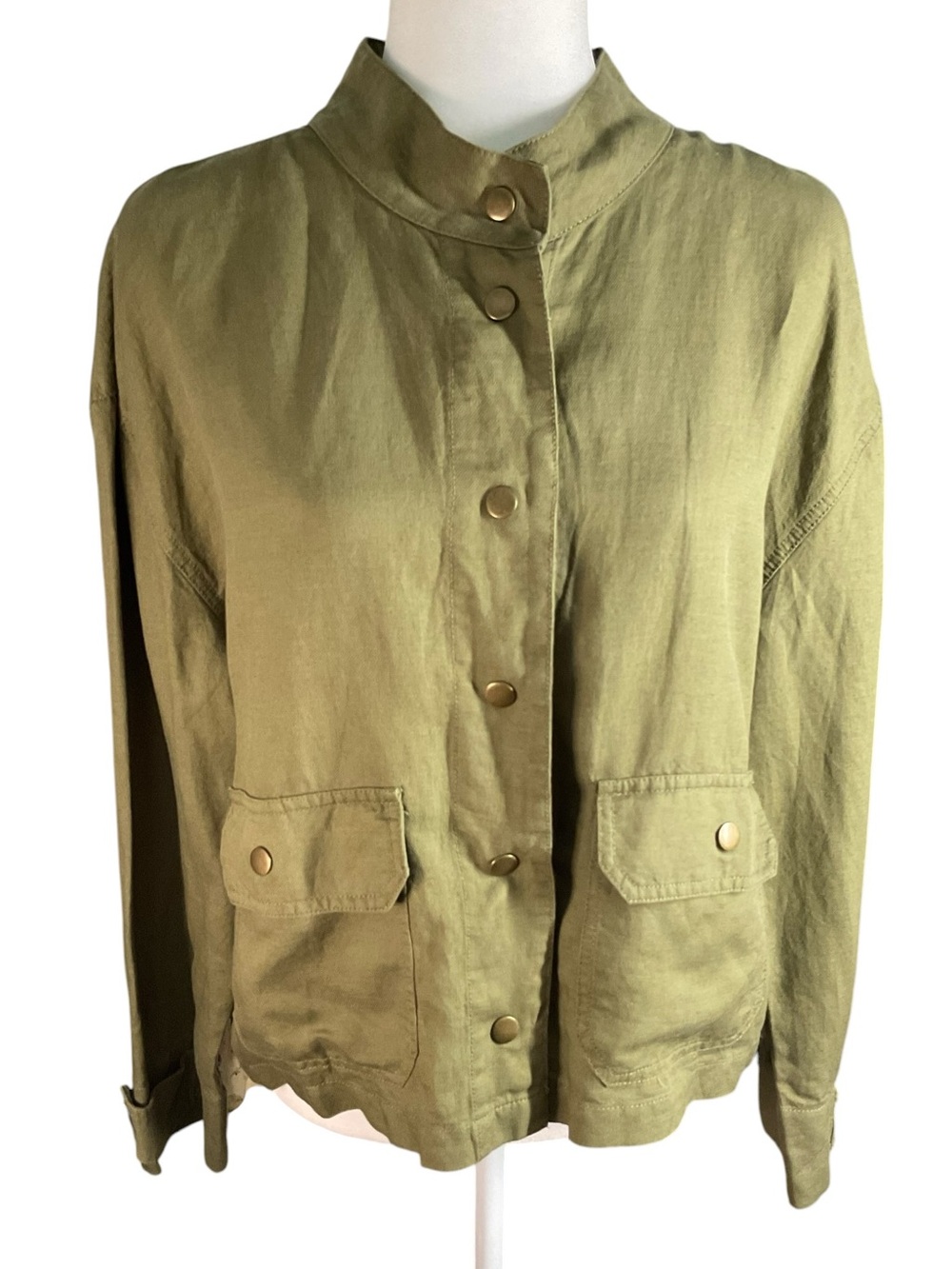 Nicole Miller Olive Green Linen Blend Utility Jacket Sz L Lightweight Snap Front